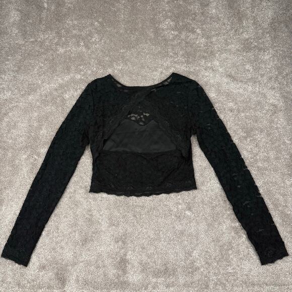 Black Sheer Lace Blouse Long Sleeve Top Size S Goth Glam Romantic Alternative - Picture 3 of 4